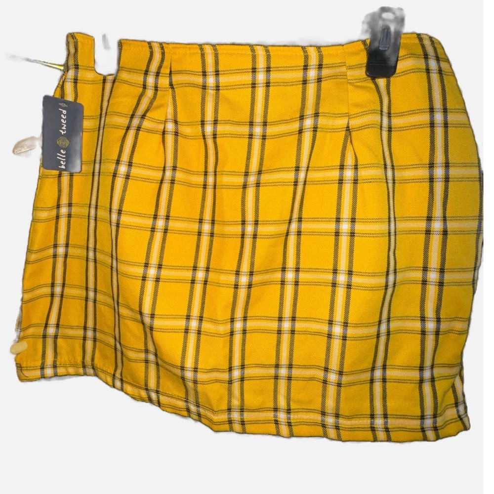 NWT-BELLE TWEED-Yellow plaid front zipper skirt with pockets size Large - Picture 3 of 6